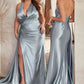 Ladivine CH079 Floor Length Fitted Halter Satin Gown Leg Slit Side Sash