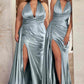 Ladivine CH079 Floor Length Fitted Halter Satin Gown Leg Slit Side Sash