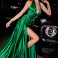 Ladivine CH079 Floor Length Fitted Halter Satin Gown Leg Slit Side Sash
