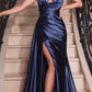 Ladivine CH079 Floor Length Fitted Halter Satin Gown Leg Slit Side Sash