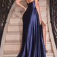 Ladivine CH079 Floor Length Fitted Halter Satin Gown Leg Slit Side Sash