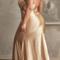 Ladivine CH079 Floor Length Fitted Halter Satin Gown Leg Slit Side Sash
