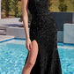 Cinderella Divine CH111 Long One Shoulder Velvet Sequin Gown with Slit
