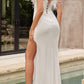 Ladivine CH147W Floor Length Sequin Strapless Gown Feather Top Front Slit