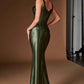 Ladivine CH2604 Square Neck Satin Fitted Evening Gown with Draped Waist