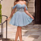Ladivine CJ420 Off-Shoulder Glitter Tulle Short Dress with Corset Back