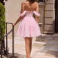 Ladivine CJ420 Off-Shoulder Glitter Tulle Short Dress with Corset Back