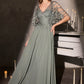 Ladivine CL10 Mother of the Bride V-Neckline Lace Bodice A-Line Gown