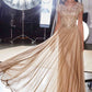 Ladivine CL11 Gold Beaded Cap Sleeve A-Line Formal Dress