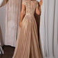 Ladivine CL11 Gold Beaded Cap Sleeve A-Line Formal Dress