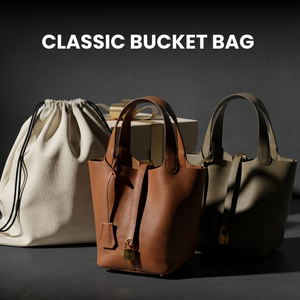 Leather bucket handbag with drawstring pouch and mini lock from ComeBackDude, featuring a classic satchel design and versatile style.