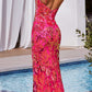 Ladivine CM350 Long Floral Sequin Print Fitted Evening Gown