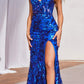 Ladivine CM350 Long Floral Sequin Print Fitted Evening Gown