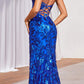 Ladivine CM350 Long Floral Sequin Print Fitted Evening Gown