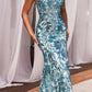 Ladivine CM350 Long Floral Sequin Print Fitted Evening Gown