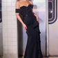 Ladivine CM387 Off the Shoulder Sculpted Beaded Bodice Fitted Gown