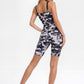 Trophy Yoga grey camo romper, made in USA, sleeveless athletic jumpsuit with fitted silhouette