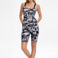 Trophy Yoga grey camo romper, made in USA, sleeveless athletic jumpsuit with camouflage pattern