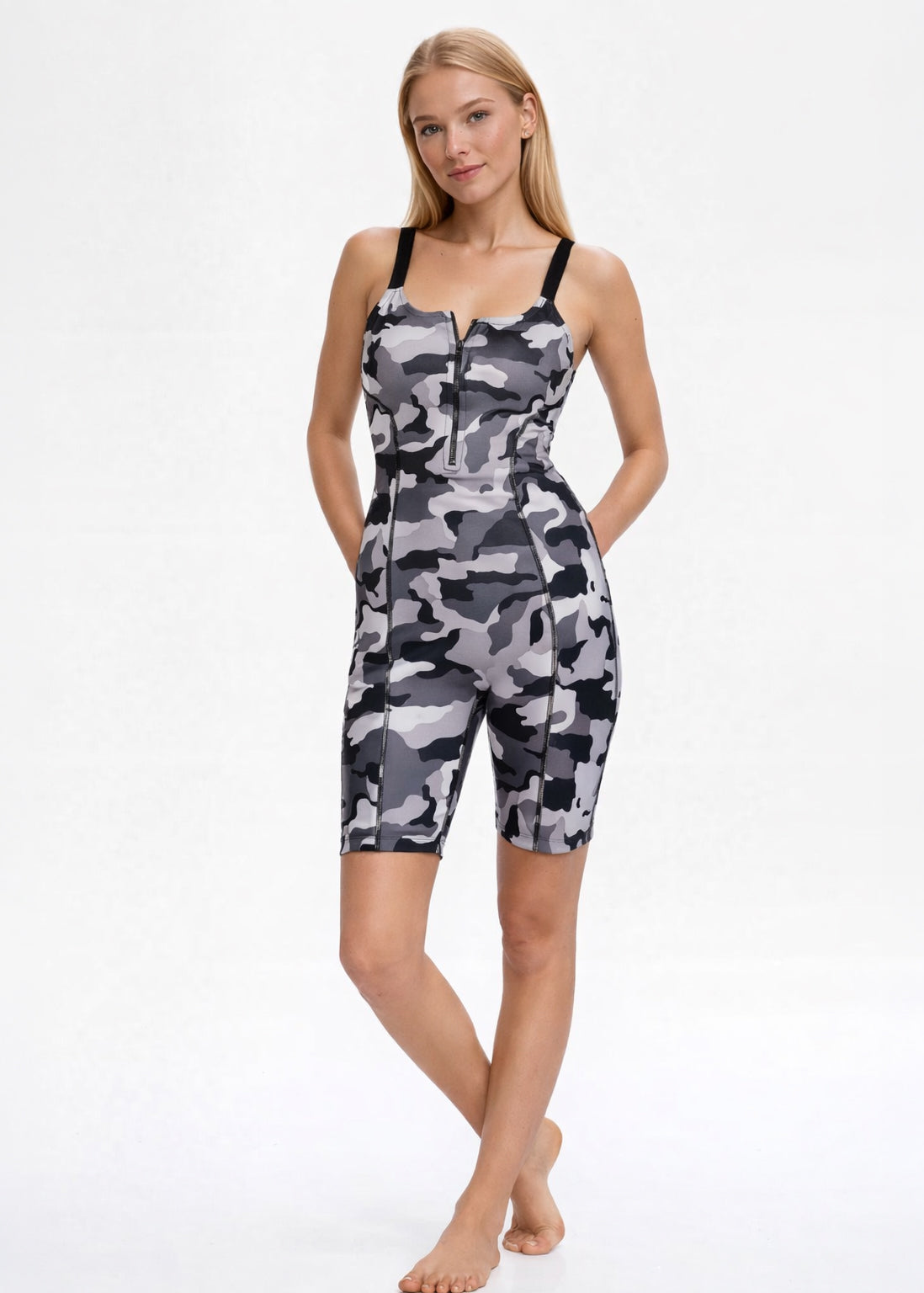 Trophy Yoga grey camo romper, made in USA, sleeveless athletic jumpsuit with camouflage pattern