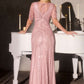 Ladivine CR887 Scoop Neck Flutter Sleeve Beaded Tulle Overlay Formal Gown