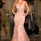 Ladivine CT264 Floral Applique V-Neckline Fitted Evening Dress
