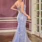 Ladivine CT264 Floral Applique V-Neckline Fitted Evening Dress