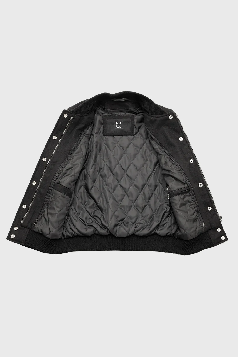 Whet Blu NYC Sarah women's varsity jacket with black sleeves and contrasting body and ribbed trim