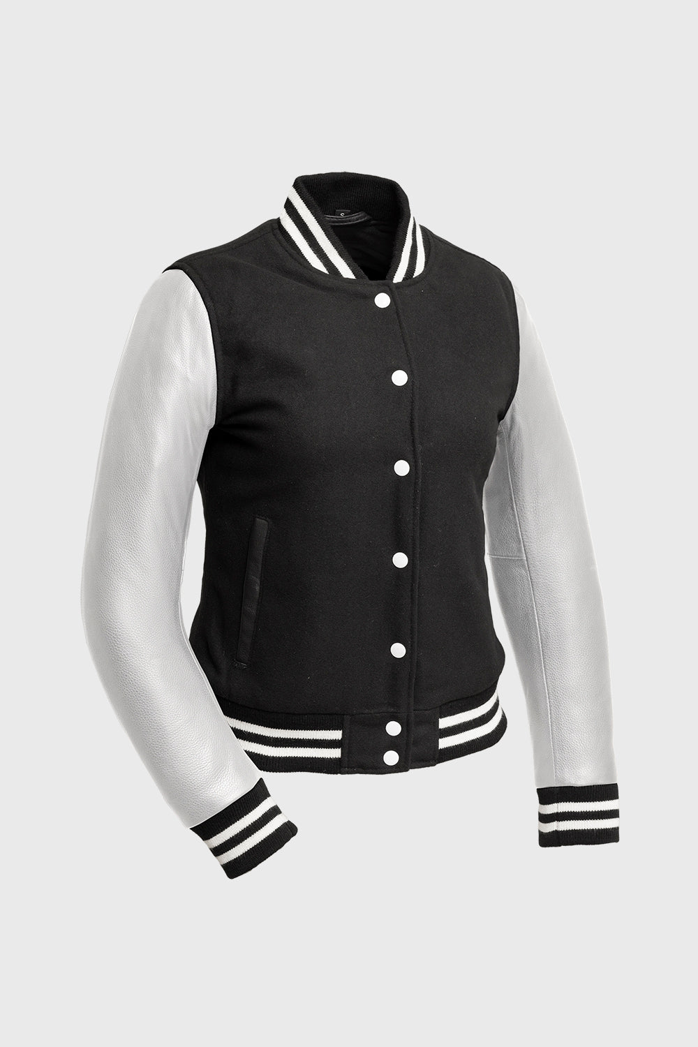 Whet Blu NYC Sarah women's varsity jacket with white sleeves, front view