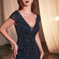 Ladivine CZ0029 Long Beaded Cap Sleeve Fitted Dress