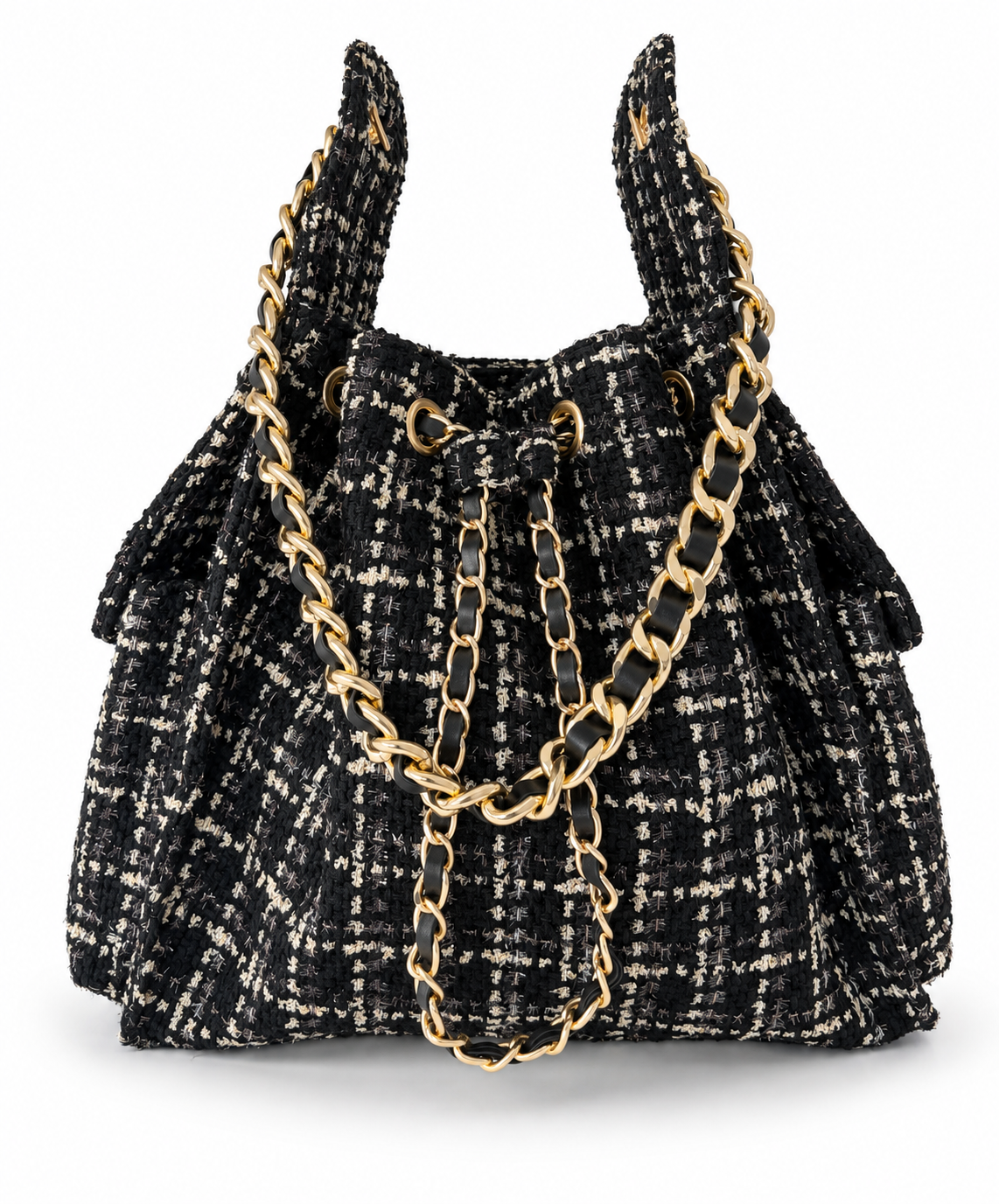 BEACH HAUS Bayshore Medium Bucket Bag in black tweed fabric