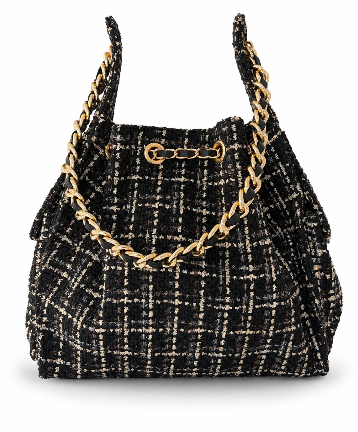 BEACH HAUS Bayshore Medium Bucket Bag in black tweed with structured shape and top handle