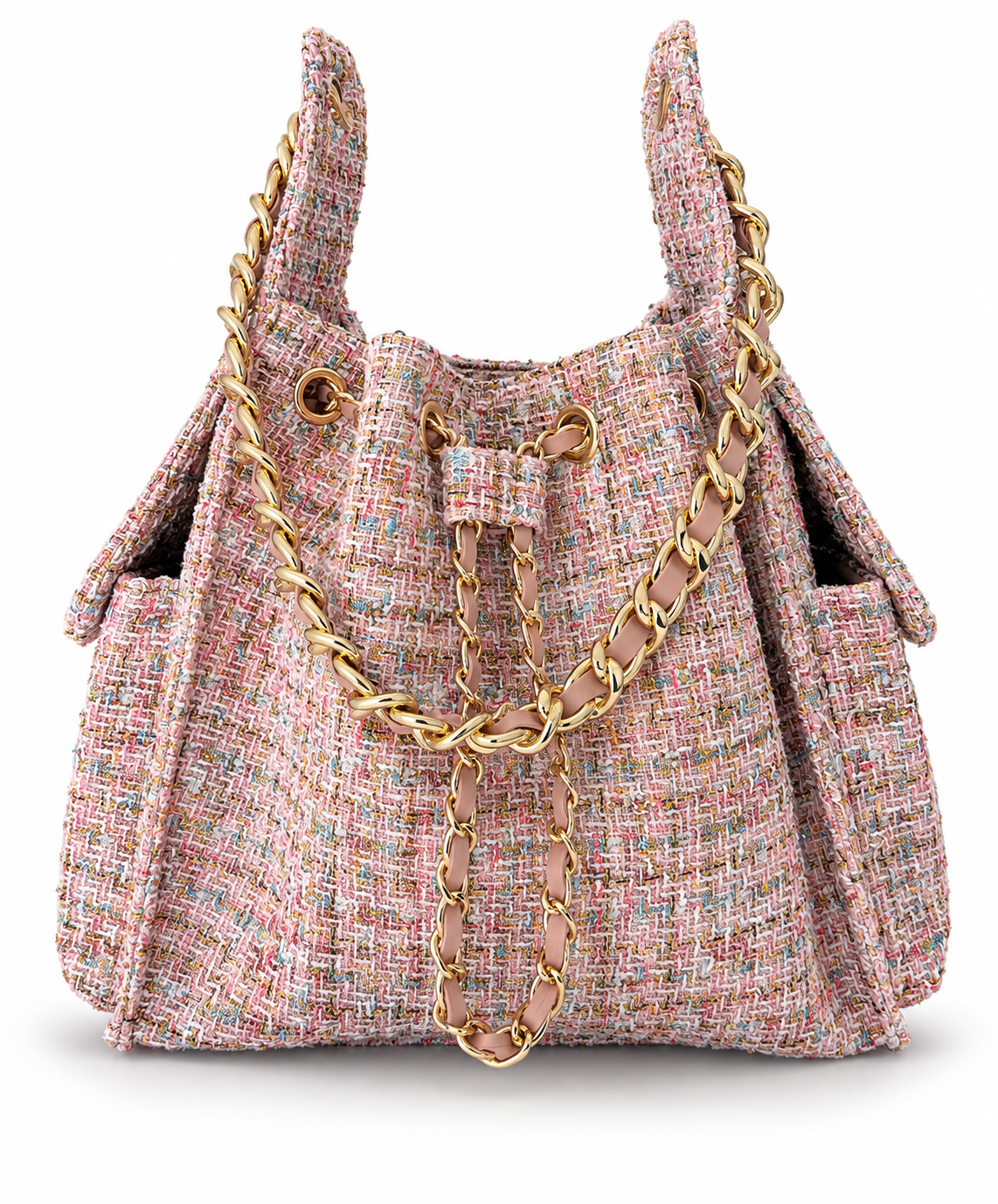BEACH HAUS Bayshore Medium Bucket Bag in pink confetti tweed fabric