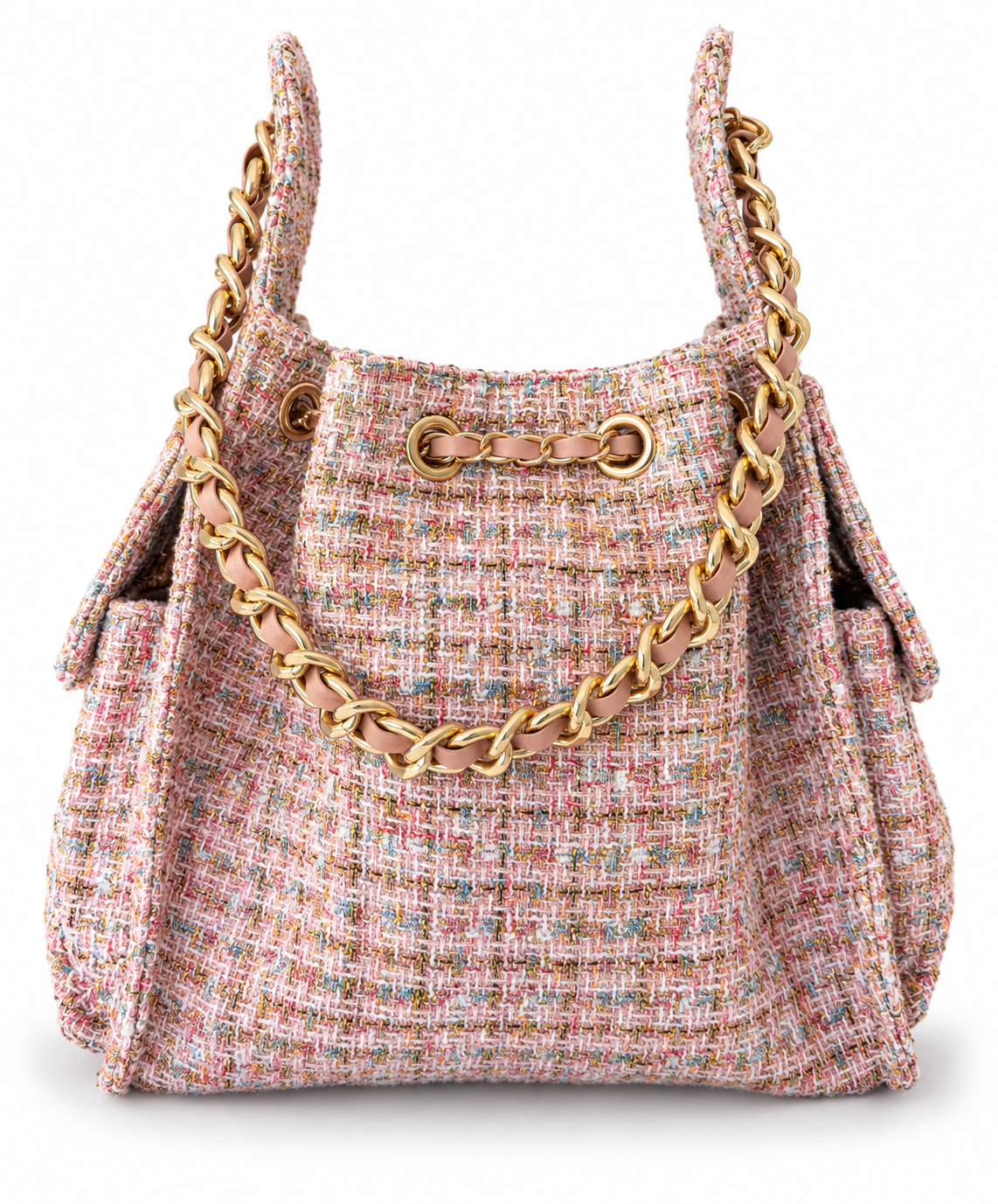 BEACH HAUS Bayshore Medium Bucket Bag in pink confetti tweed fabric