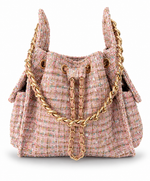 BEACH HAUS Bayshore Small Bucket Bag in pink confetti tweed with structured shape and top handle