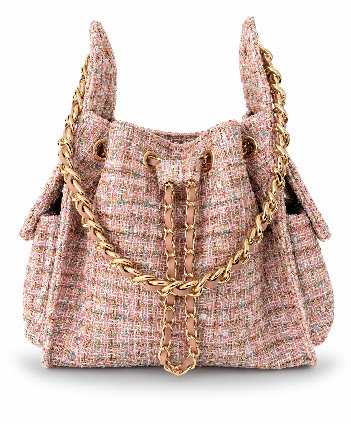 BEACH HAUS Bayshore Small Bucket Bag in pink confetti tweed with structured shape and top handle