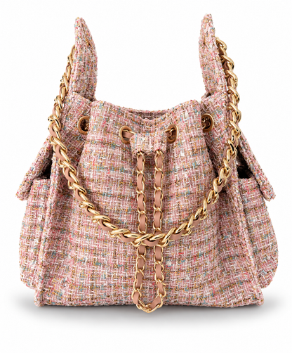 BEACH HAUS Bayshore Small Bucket Bag in pink confetti tweed with structured shape and top handle
