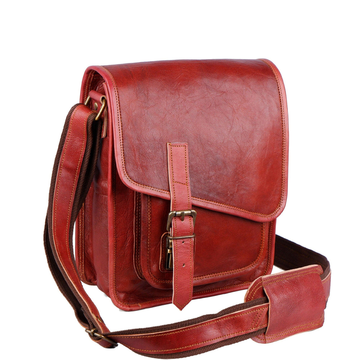 Brown leather Salford Crossbody messenger bag by Classy Leather Bags with adjustable strap and front pocket, casual and stylish.