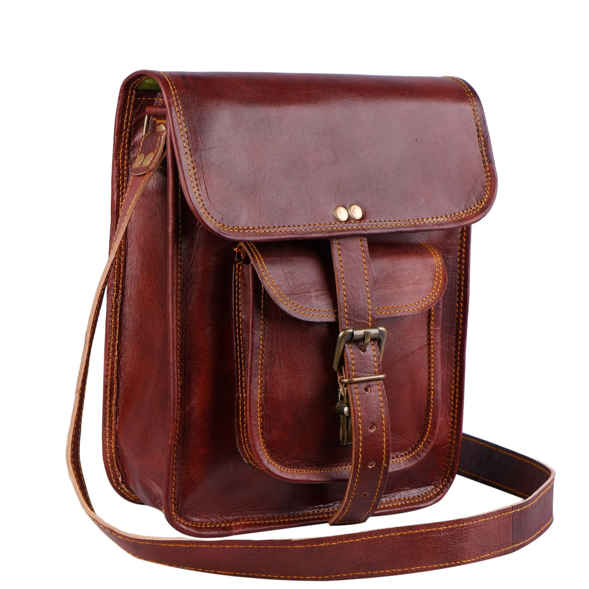 Brown leather Windsor Crossbody messenger bag by Classy Leather Bags with adjustable strap and front flap closure.