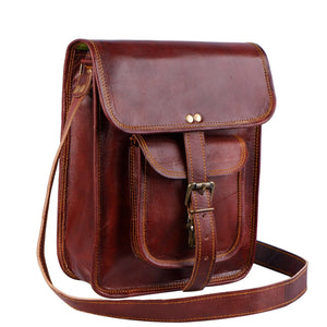 Brown leather Windsor Crossbody messenger bag by Classy Leather Bags with adjustable strap and front flap closure.