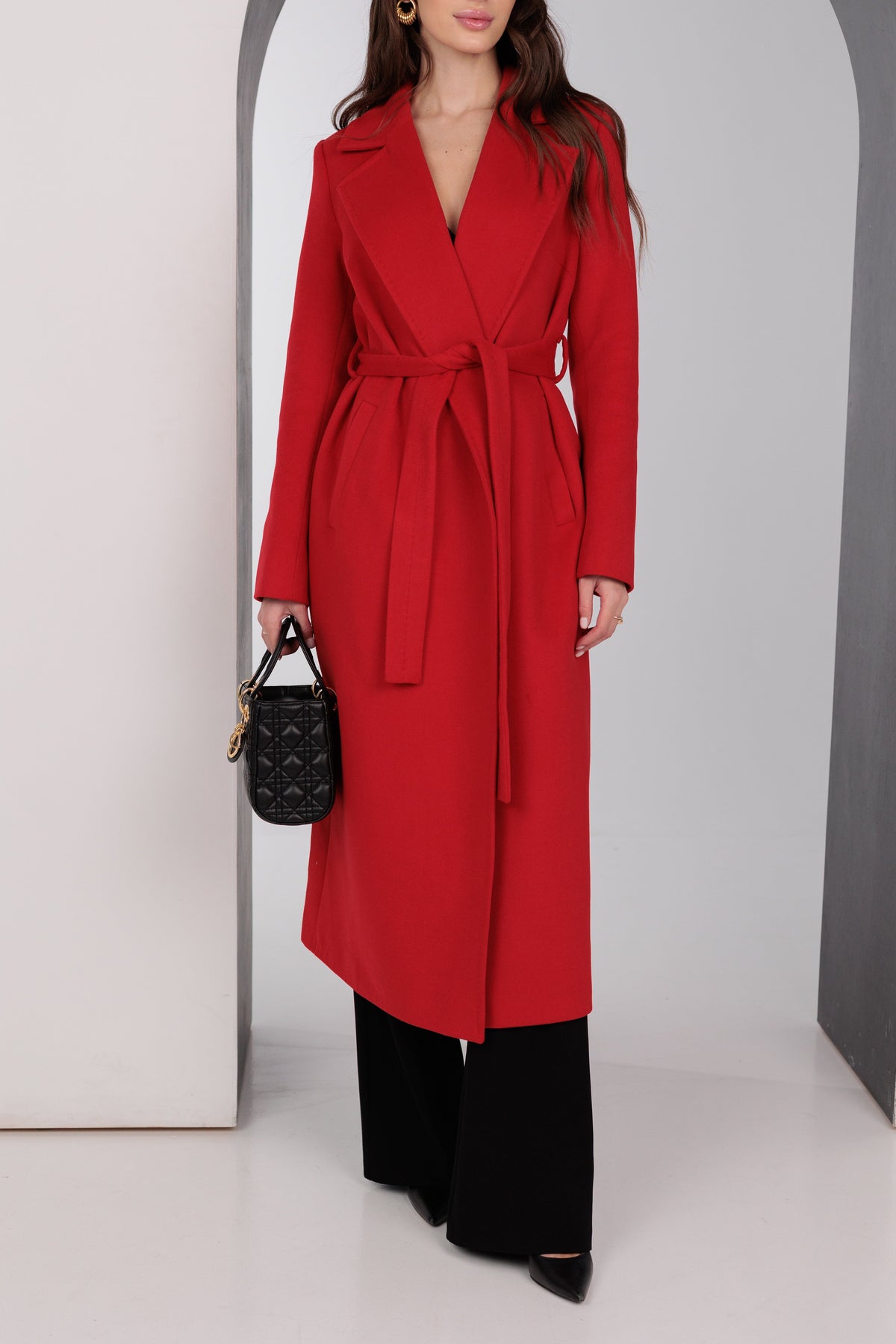 Alaska Outerwear Company Astoria red classic wraparound wool blend overcoat with notched lapels