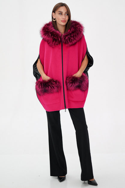 Saga®Furs Silver Fox Wool Alpaca Poncho Vest in Fuchsia