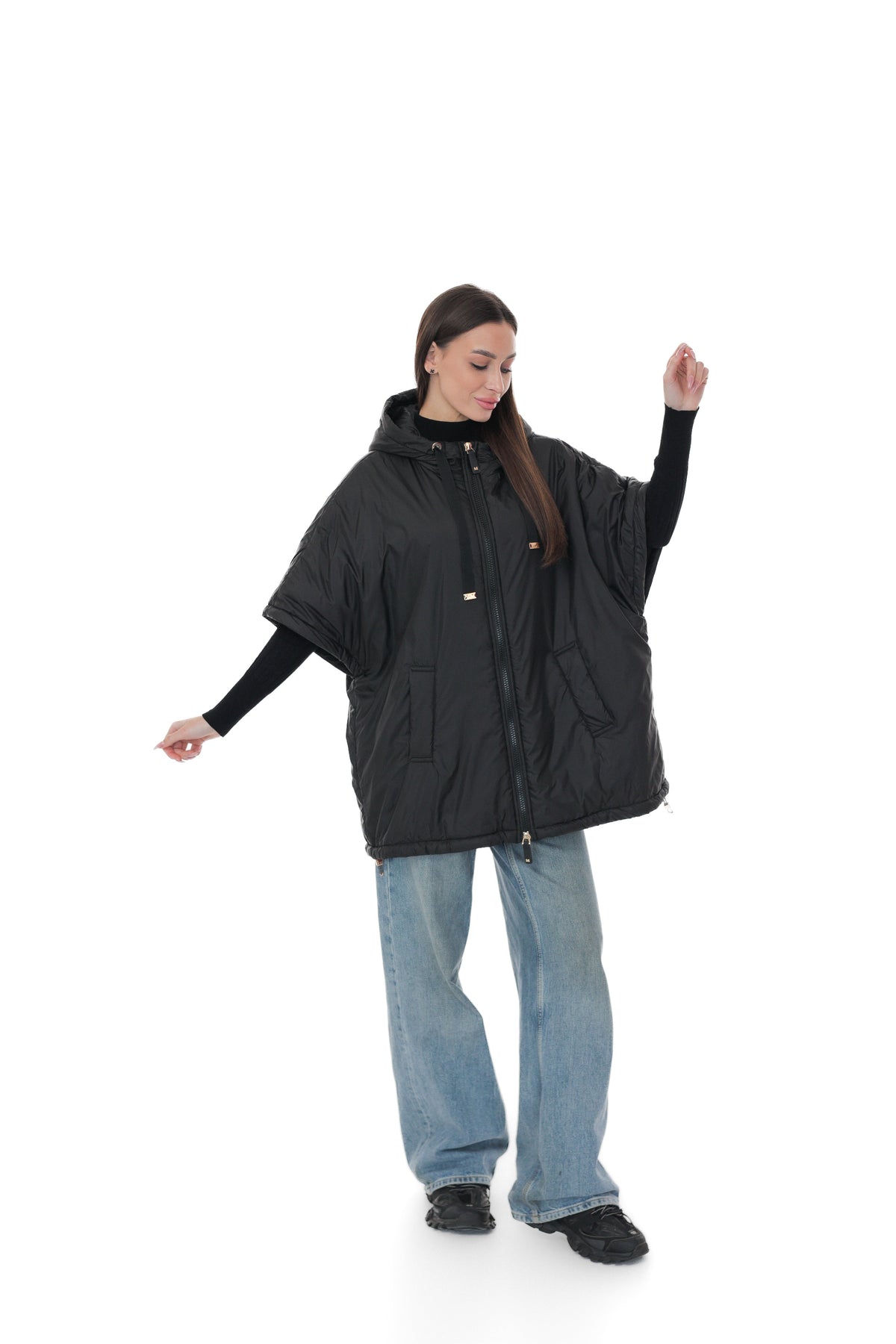 Black hooded vest by Alaska® Outerwear Company, showing sleeveless design and front zip closure