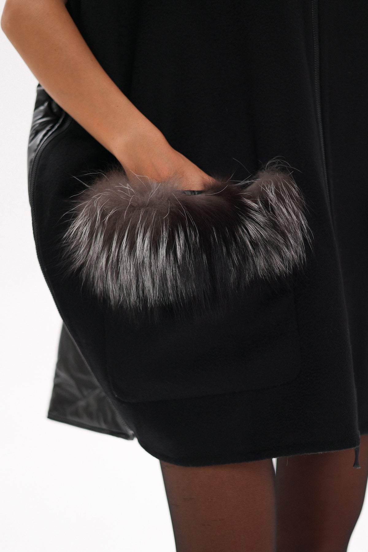 Alaska Outerwear Company black Saga Furs silver fox wool cashmere poncho vest coat