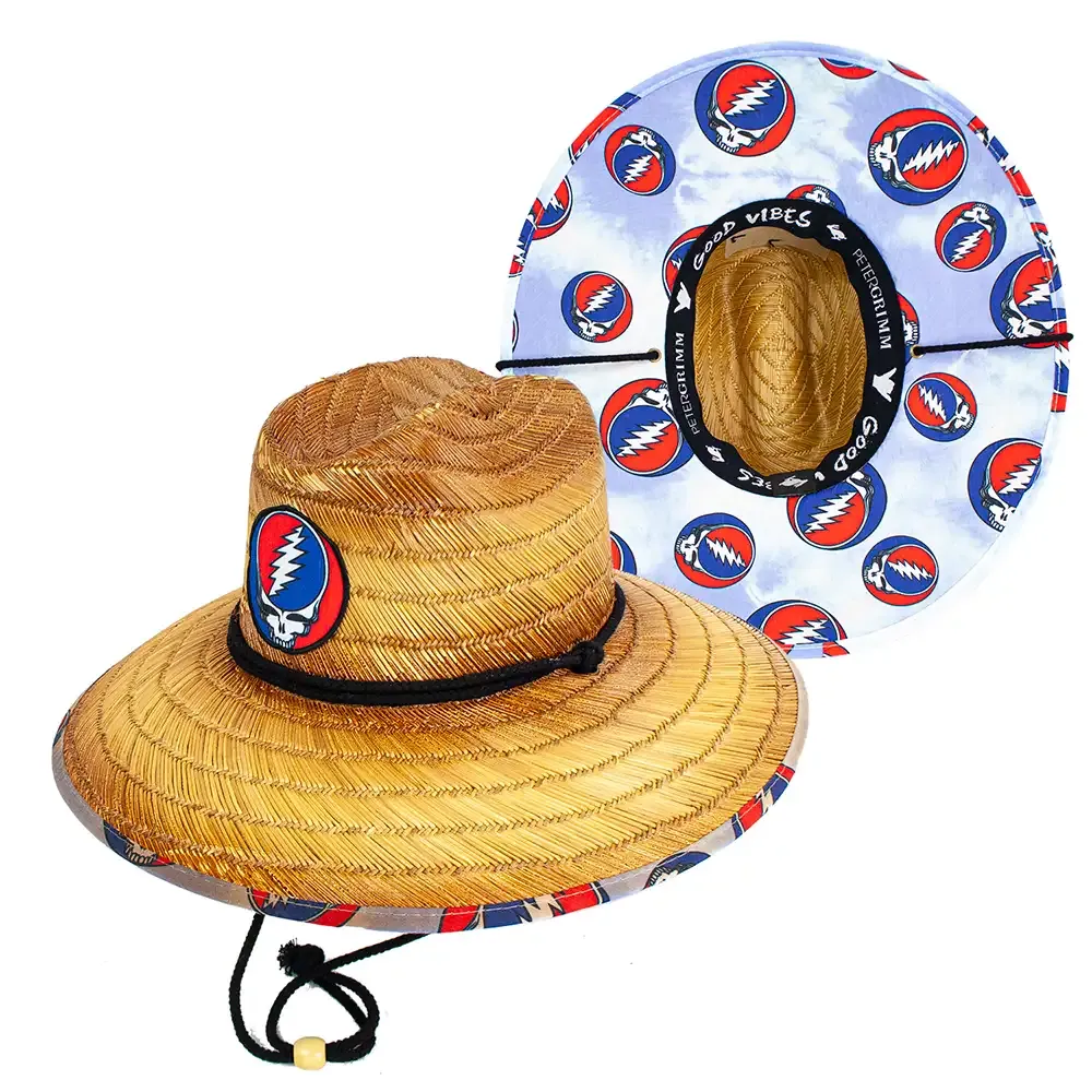 Peter Grimm Grateful Dead Blue Row Junior children's straw lifeguard hat with blue brim and logo detail