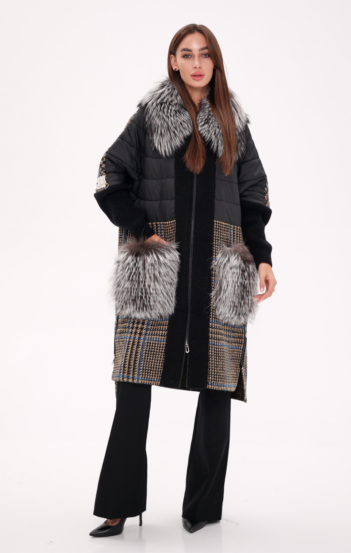 Alaska Outerwear Company Saga Furs silver fox wool cashmere coat in a luxurious fur-trimmed design