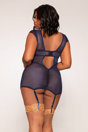 Plus size navy patterned garter chemise with lace details, featuring adjustable straps and satin finish, designed for elegant lingerie.