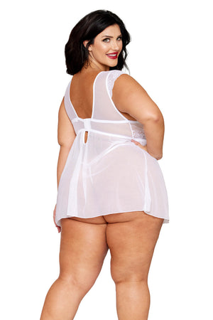 White plus size lace and mesh cap sleeve babydoll lingerie with back view, featuring delicate lace details and sheer fabric.