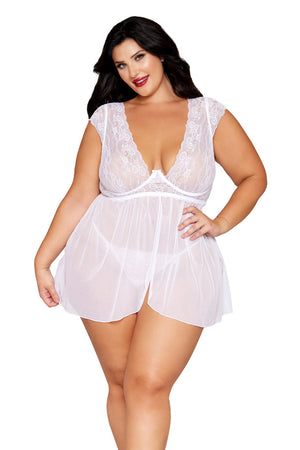 Plus size white lace and mesh cap sleeve babydoll lingerie with sheer fabric and floral lace details, front view.