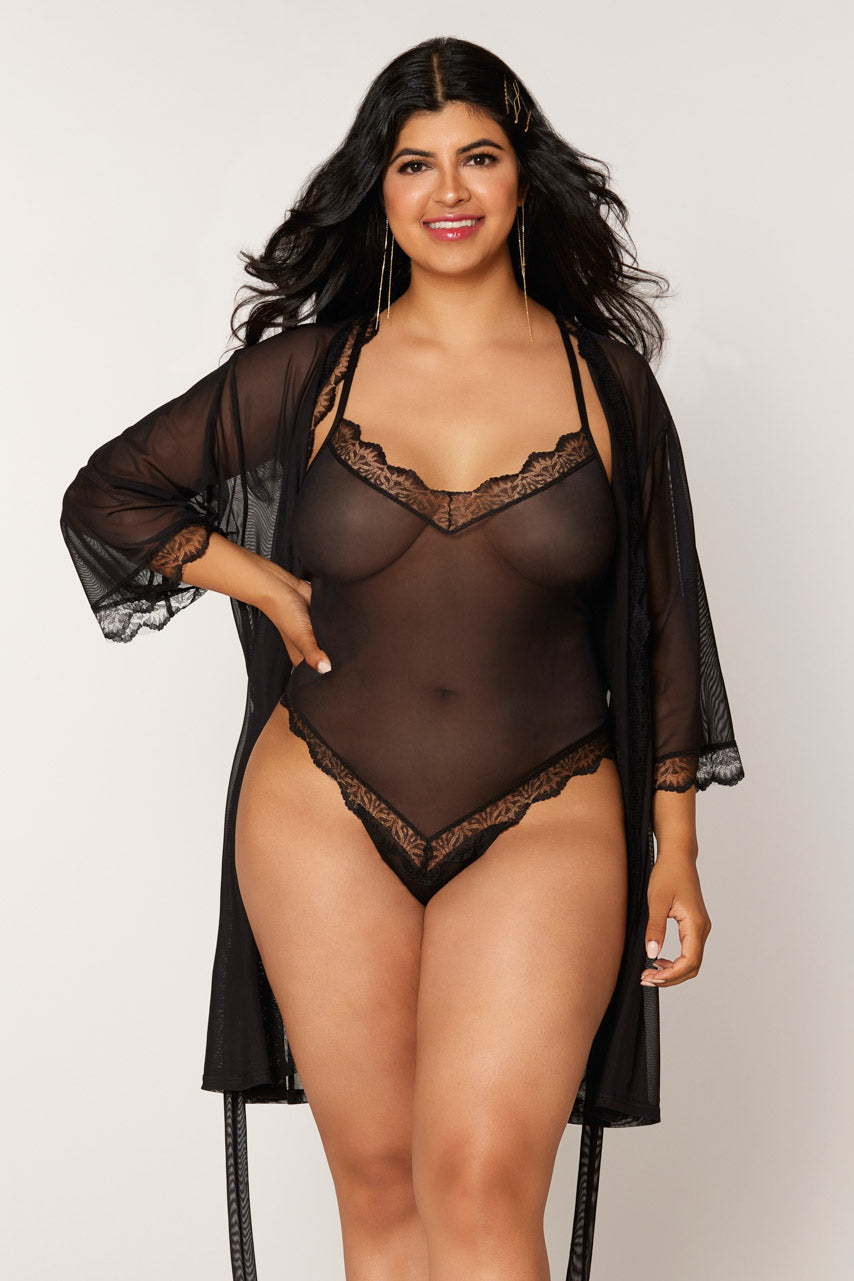 Plus size black high hip mesh teddy and matching robe, lingerie set with sheer fabric and delicate detailing.