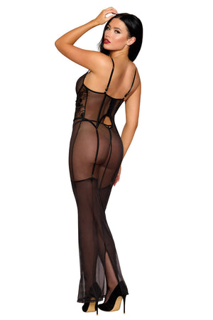 Black mesh gown with built-in corset, featuring delicate lace details and adjustable straps, stylish lingerie from 3wishes.com